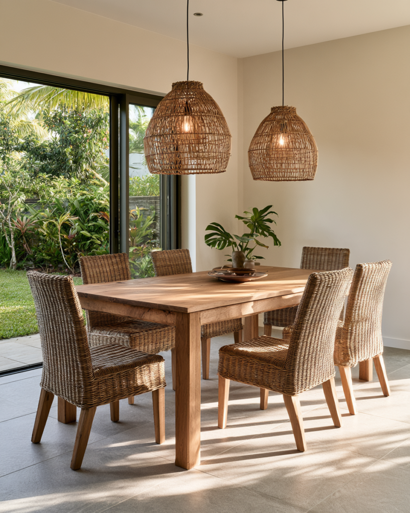 Coin repas table en chene massif, chaises en rotin tresse, suspensions rotin