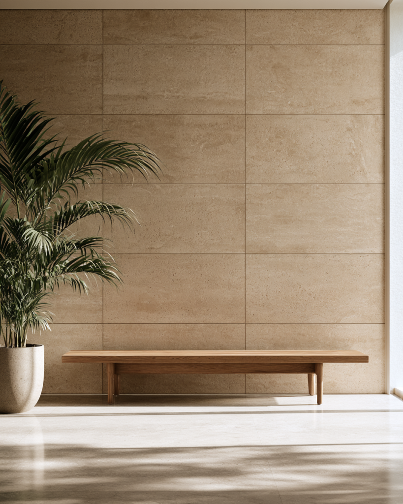 Mur de sejour habille de panneaux grand format effet travertin beige