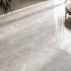 Sol en carrelage grès cérame 600x600 gris perle effet marbre, veinage blanc délicat