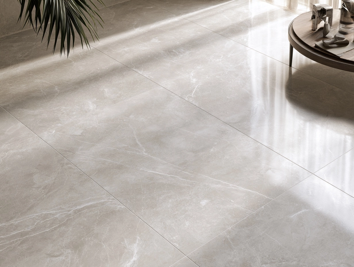 Sol en carrelage grès cérame 600x600 gris perle effet marbre, veinage blanc délicat