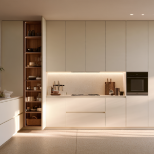 Cuisine avec colonnes de rangement toute hauteur, facades creme mates, une porte ouverte sur les etageres, plan quartz