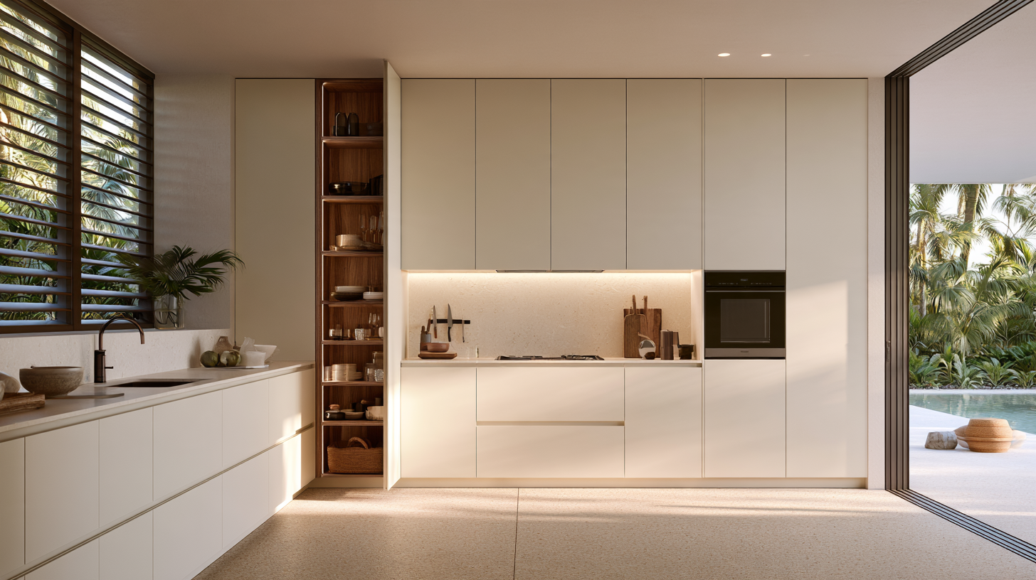 Cuisine avec colonnes de rangement toute hauteur, facades creme mates, une porte ouverte sur les etageres, plan quartz