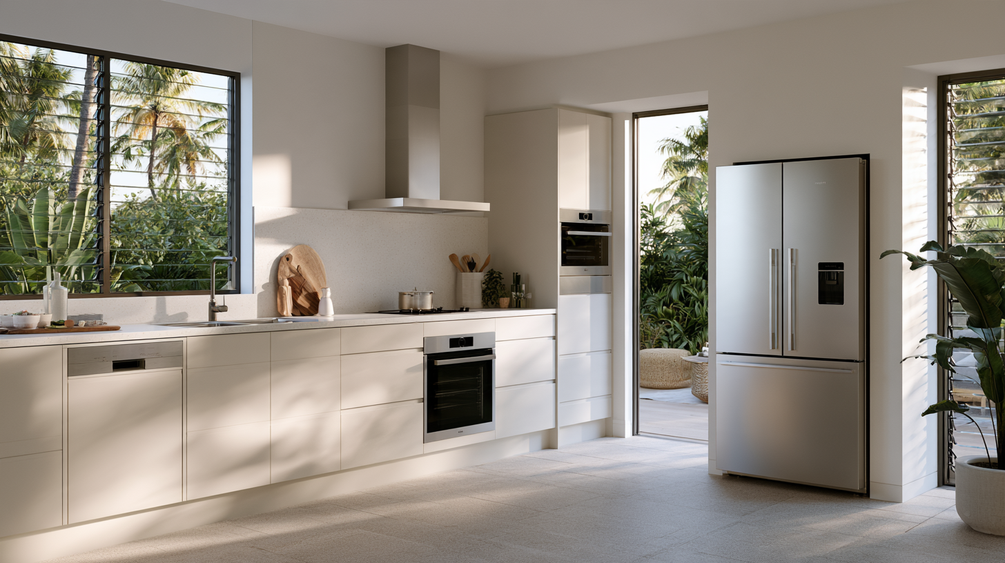 Cuisine equipee avec four encastre, plaque et refrigerateur inox, fenetre a jalousies