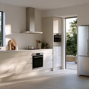 Cuisine equipee avec four encastre, plaque et refrigerateur inox, facades claires et fenetre a jalousies