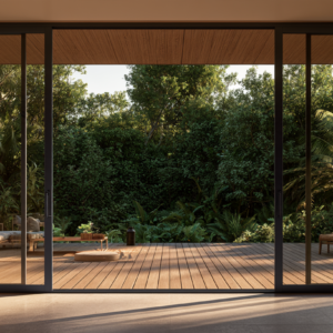 Grande baie coulissante en aluminium gris fonce ouverte sur une terrasse en bois, profils fins, vegetation au-dela