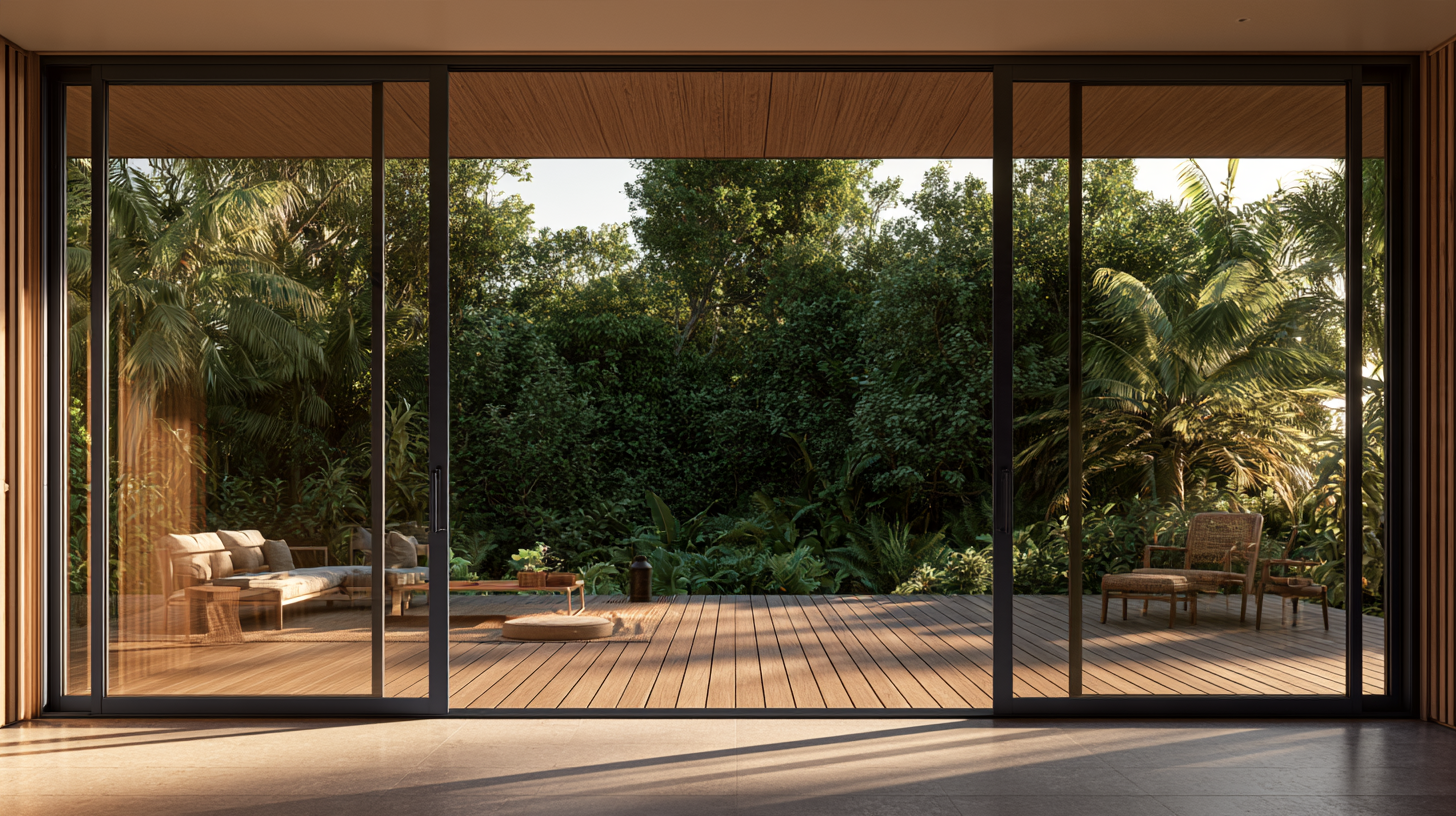 Grande baie coulissante en aluminium gris fonce ouverte sur une terrasse en bois, profils fins, vegetation au-dela