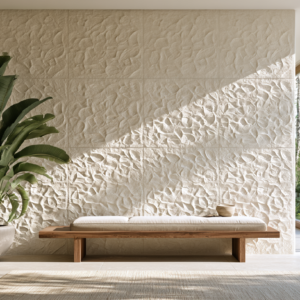 Mur habille de panneaux effet pierre grand format a motif continu, joints presque invisibles, banc et plante devant