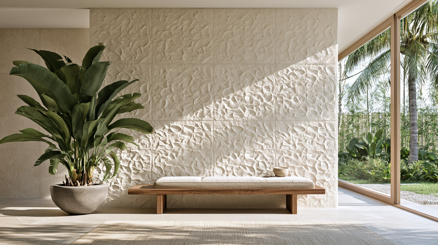 Mur habille de panneaux effet pierre grand format a motif continu, joints presque invisibles, banc et plante devant