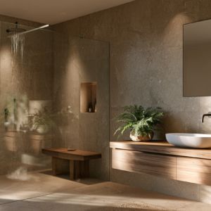 Salle de bains avec douche italienne derriere une paroi sans cadre, panneaux muraux effet pierre, meuble vasque en chene