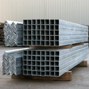 Tubes carrés et cornières en acier galvanisé empilés sur une dalle